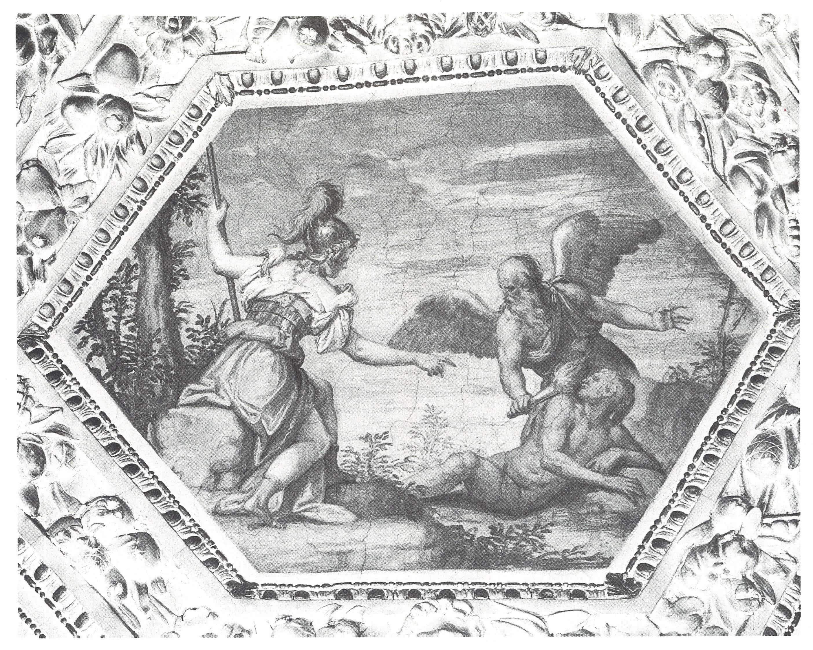 Battista Zelotti, Prometeo e Minerva, 1567-1568 circa, Palazzo Valmarana Braga, esagono del soffitto della sala al pianterreno, Vicenza Battista Zelotti, Prometeo e Minerva, 1567-1568 circa, Palazzo Valmarana Braga, esagono del soffitto della sala al pianterreno, Vicenza