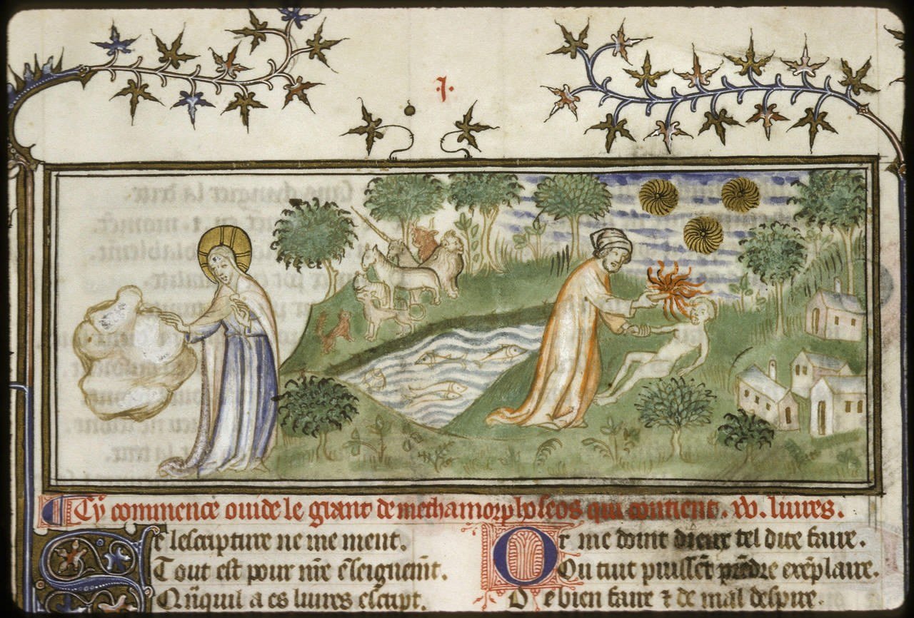 Maître du Policratique de Charles V, Creazione del mondo e Prometeo anima l’uomo, 1375-1399 circa, da Anonimo, Ovide moralisé, Lyon, Bibliothèque municipale, ms. 742, f. 4r Maître du Policratique de Charles V, Creazione del mondo e Prometeo anima l’uomo, 1375-1399 circa, da Anonimo, Ovide moralisé, Lyon, Bibliothèque municipale, ms. 742, f. 4r