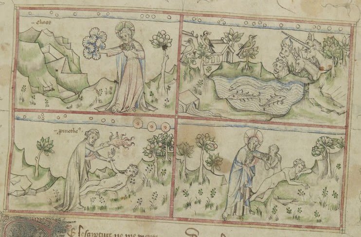 Maître du Couronnement de Charles VI, Dio crea il Caos, La creazione delle piante e degli animali, Prometeo anima Adamo, Dio crea Eva, 1390-1410 circa, da Anonimo, Ovide moralisé, Paris, Bibliothèque Nationale de France, ms. Français 871, f. 1r