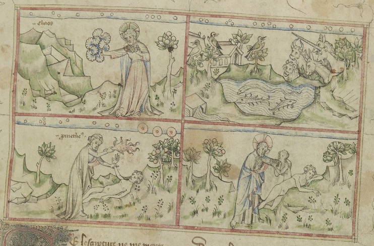 Maître du Couronnement de Charles VI, Dio crea il Caos, La creazione delle piante e degli animali, Prometeo anima Adamo, Dio crea Eva, 1390-1410 circa, da Anonimo, Ovide moralisé, Paris, Bibliothèque Nationale de France, ms. Français 871, f. 1r Maître du Couronnement de Charles VI, Dio crea il Caos, La creazione delle piante e degli animali, Prometeo anima Adamo, Dio crea Eva, 1390-1410 circa, da Anonimo, Ovide moralisé, Paris, Bibliothèque Nationale de France, ms. Français 871, f. 1r