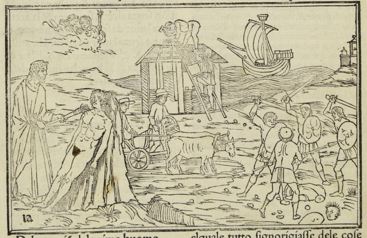 Prometeo anima il primo uomo, Le età del mondo, da Giovanni di Bonsignori, Ovidio Metamorphoseos vulgare, Venezia, Giunta, 1497, f. IIr