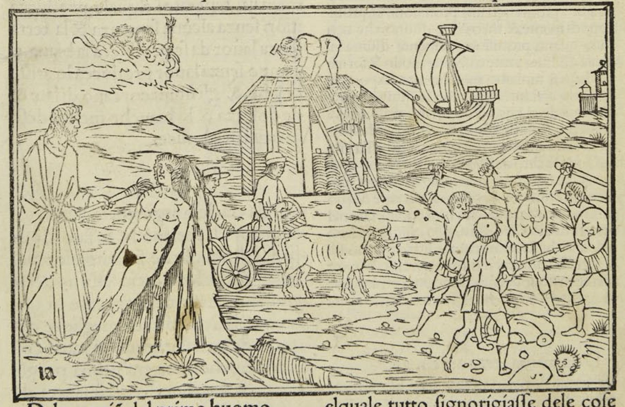 Prometeo anima il primo uomo, Le età del mondo, da Giovanni di Bonsignori, Ovidio Metamorphoseos vulgare, Venezia, Giunta, 1497, f. IIr Prometeo anima il primo uomo, Le età del mondo, da Giovanni di Bonsignori, Ovidio Metamorphoseos vulgare, Venezia, Giunta, 1497, f. IIr