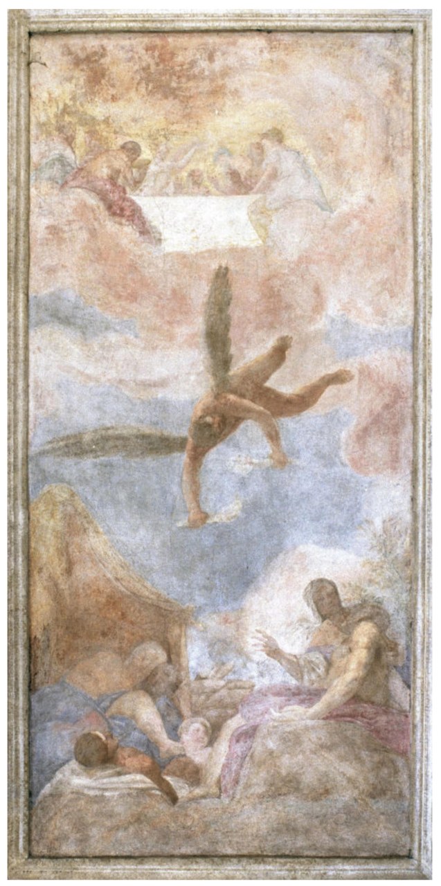 Battista Zelotti, Prometeo ruba il fuoco per portarlo sulla terra, post 1561, Villa Foscari detta La Malcontenta, soffitto della Stanza di Caco e Prometeo, Malcontenta di Mira (VE)