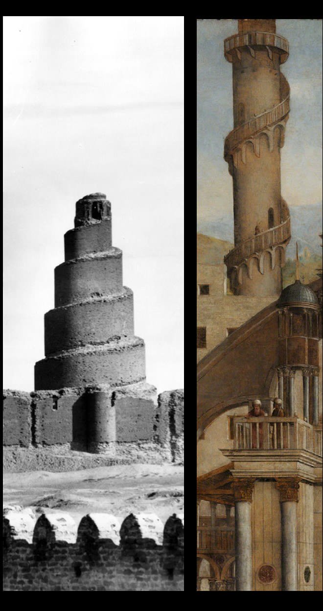  Ibn Tulun (fotografia) e colonna con motivo spiraliforme ne La Predica (dettaglio)