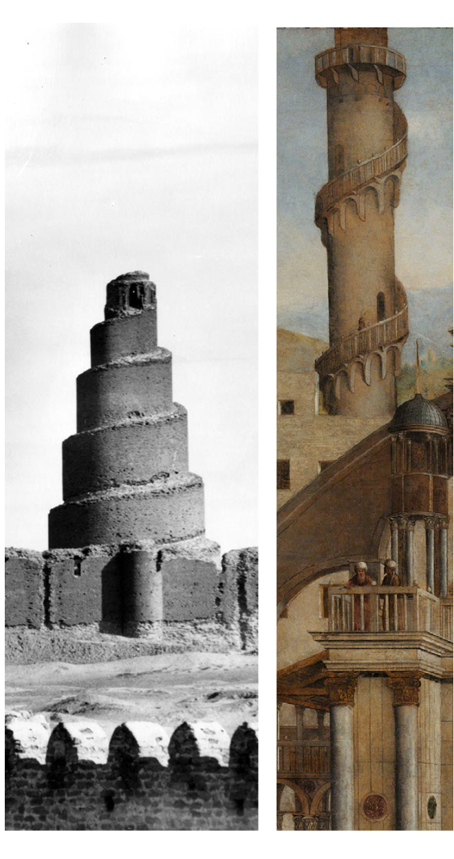  Ibn Tulun (fotografia) e colonna con motivo spiraliforme ne La Predica (dettaglio)