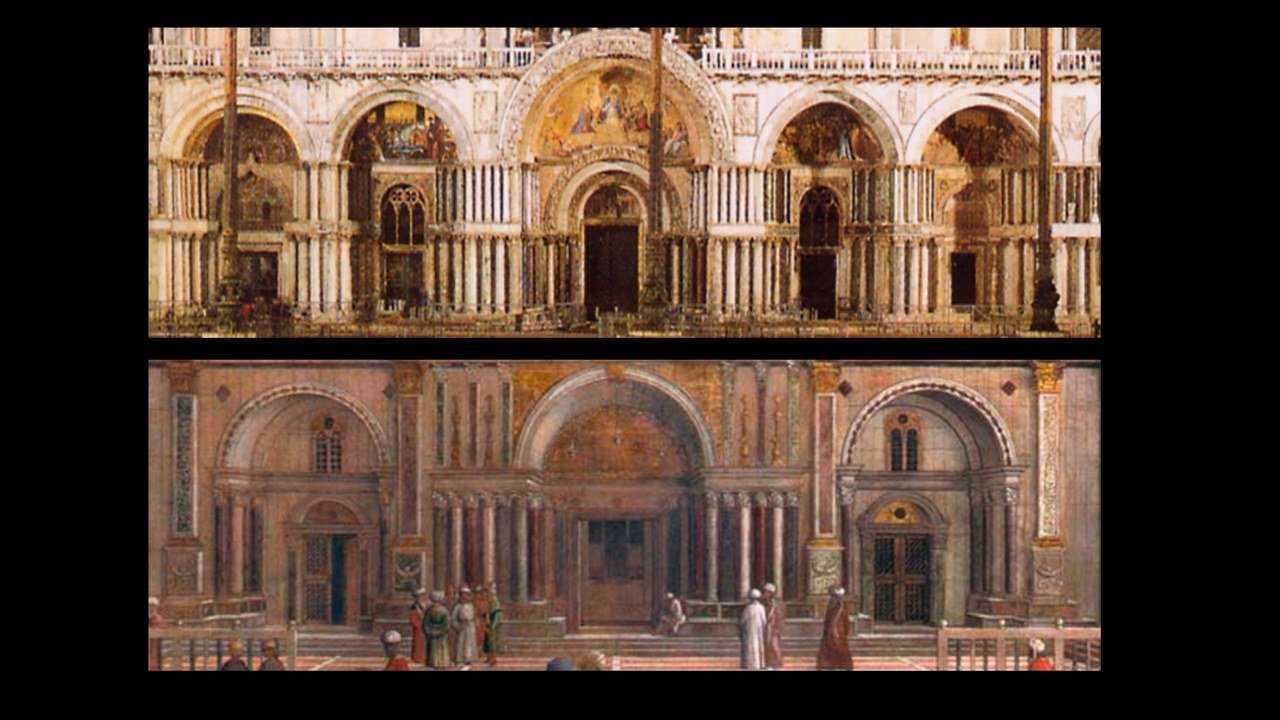  Confronto tra la Basilica di San Marco (dettaglio di fotografia) e La Predica di San Marco (dettaglio)