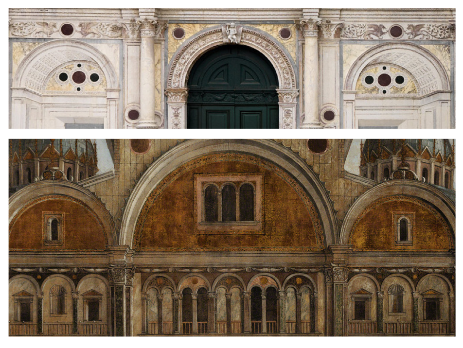  Confronto tra la Scuola Grande di San Marco (dettaglio di fotografia) e La Predica di San Marco ad Alessandria (dettaglio)