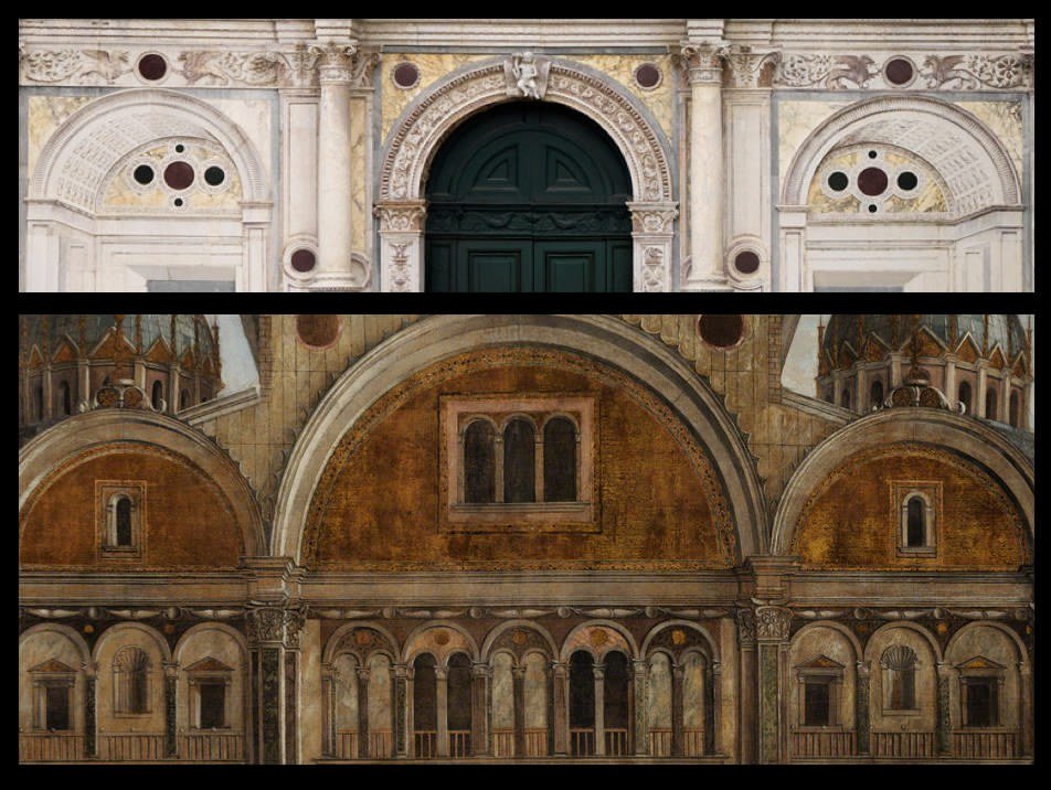  Confronto tra la Scuola Grande di San Marco (dettaglio di fotografia) e La Predica di San Marco ad Alessandria (dettaglio)