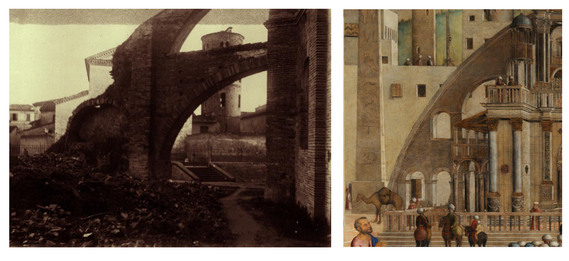  Confronto tra gli archi rampanti di San Vitale durante un restauro (in fotografia) e de La Predica (dettaglio)