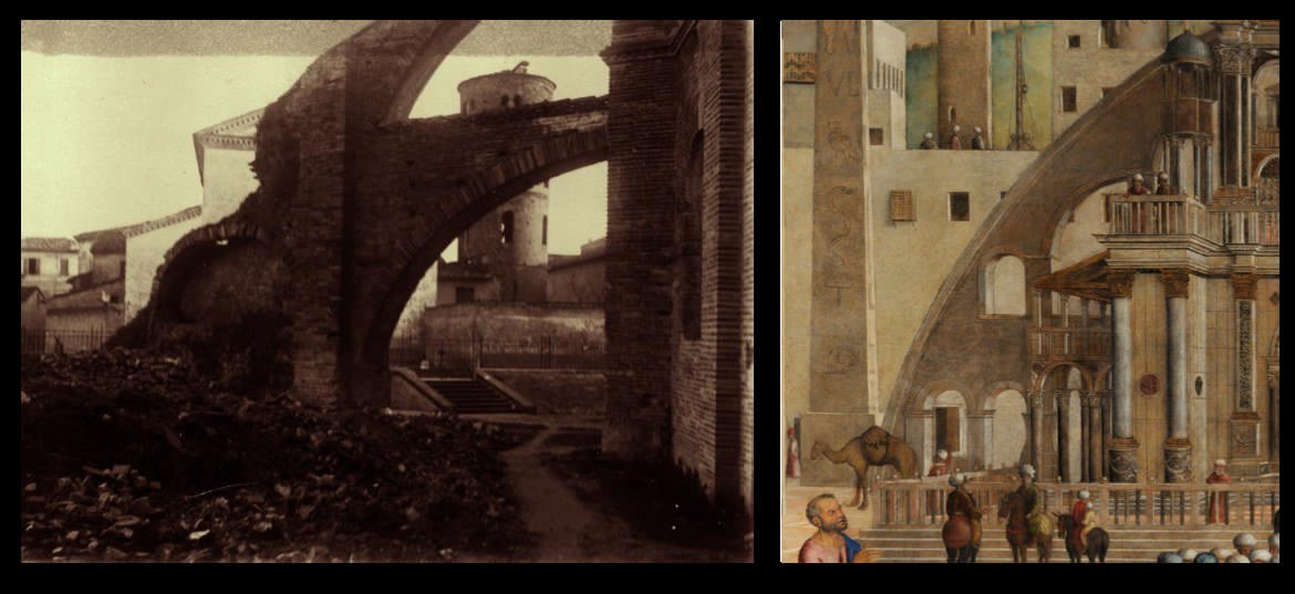  Confronto tra gli archi rampanti di San Vitale durante un restauro (in fotografia) e de La Predica (dettaglio)