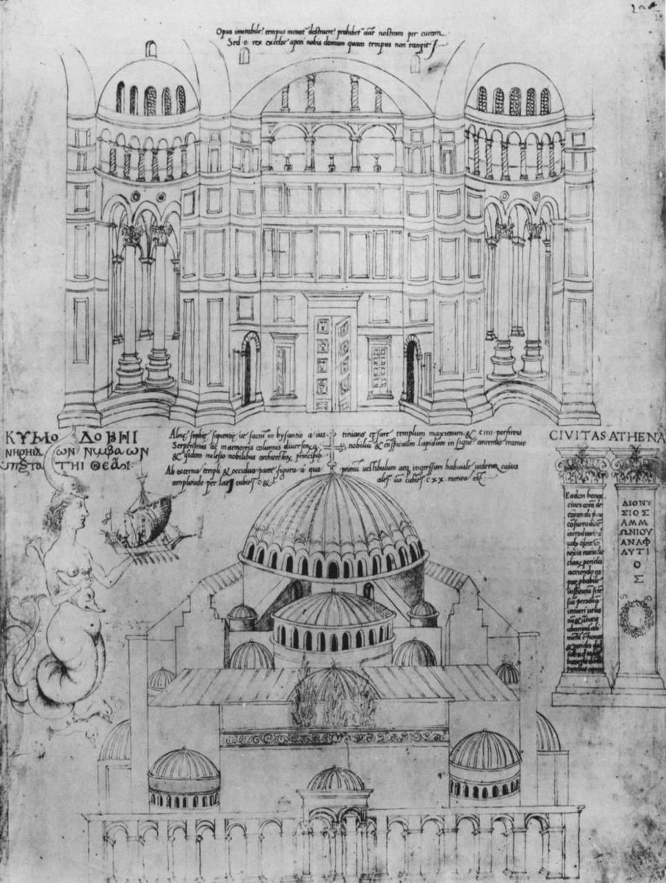  Giuliano da Sangallo (da Ciriaco d’Ancona), Santa Sofia, facciata esterna dal lato ovest e visione d’interno del muro occidentale, 1516-1517. Codex Vat. Barb. lat. 4424, foll. 28r e 44 r.