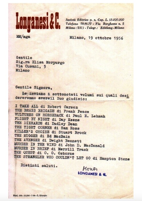 Fig. 1: Pareri di lettura commissionati a Lisa Morpurgo, Archivio privato Lisa Morpurgo, 19 ottobre 1956
